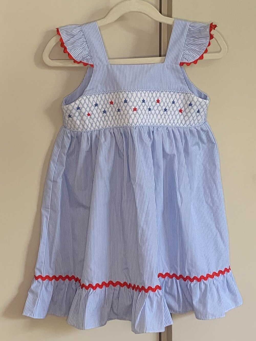 Stitchy Fish Girls Patriotic Smocked Dress Blue Stripe Red White 4T